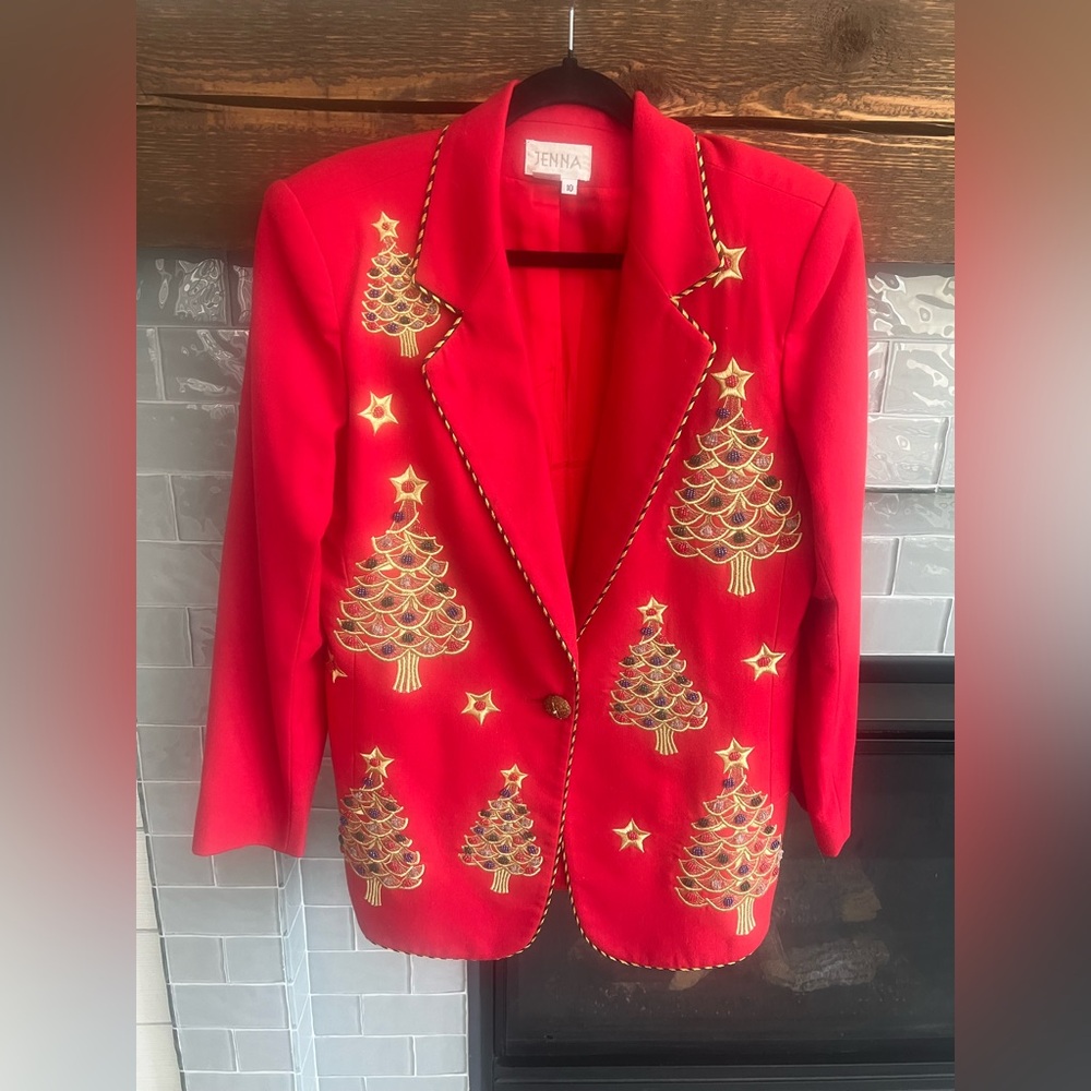 Christmas Jenna Vintage Jacket 100% Wool Blazer Size 10 Embroidered Beaded